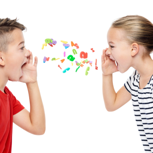Children shouting out alphabet letters. Speech therapy concept over white background.